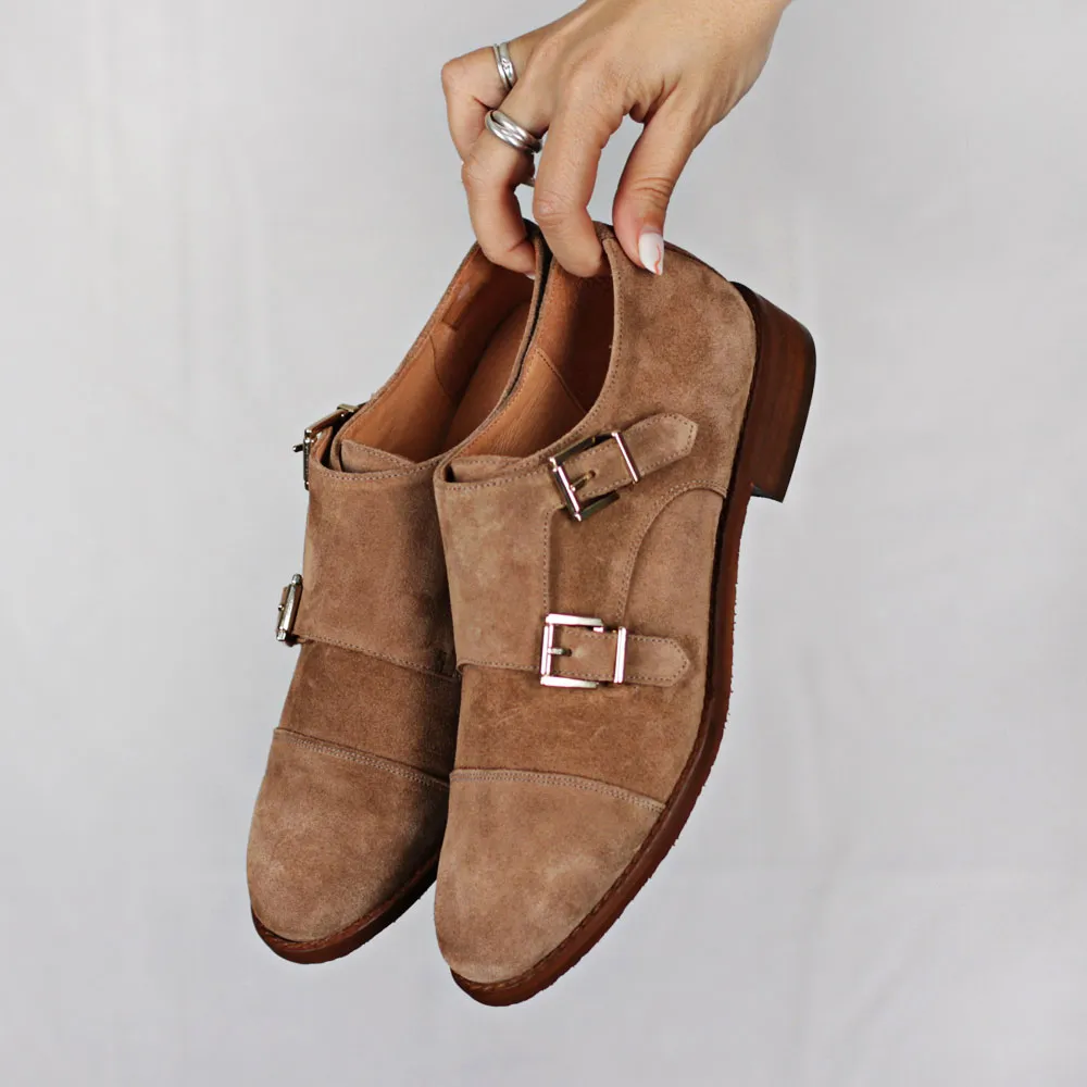 Woman double monk strap shoes taupe suede - LUISA TOLEDO