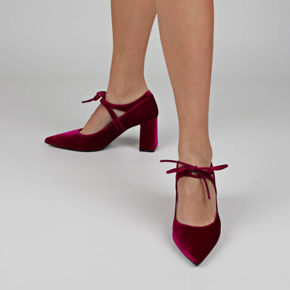 Burgundy velvet shoes lace-up detail RANIA | Wide heel stilettos