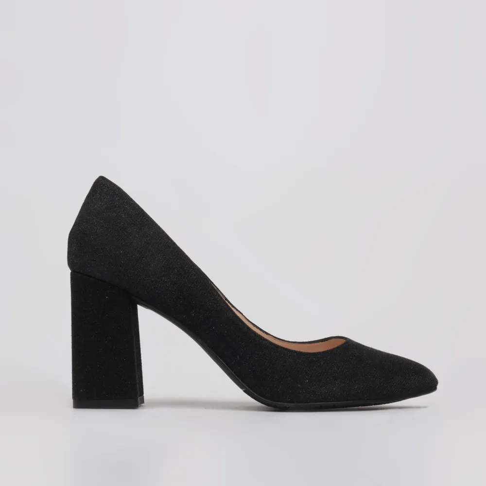 BLACK GLITTER SHOES wide heel detail | Stilettos Luisa Toledo