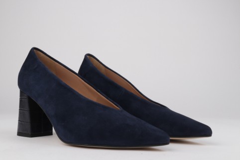 Wide heel shoes coco effect leather navy blue VICTORIA