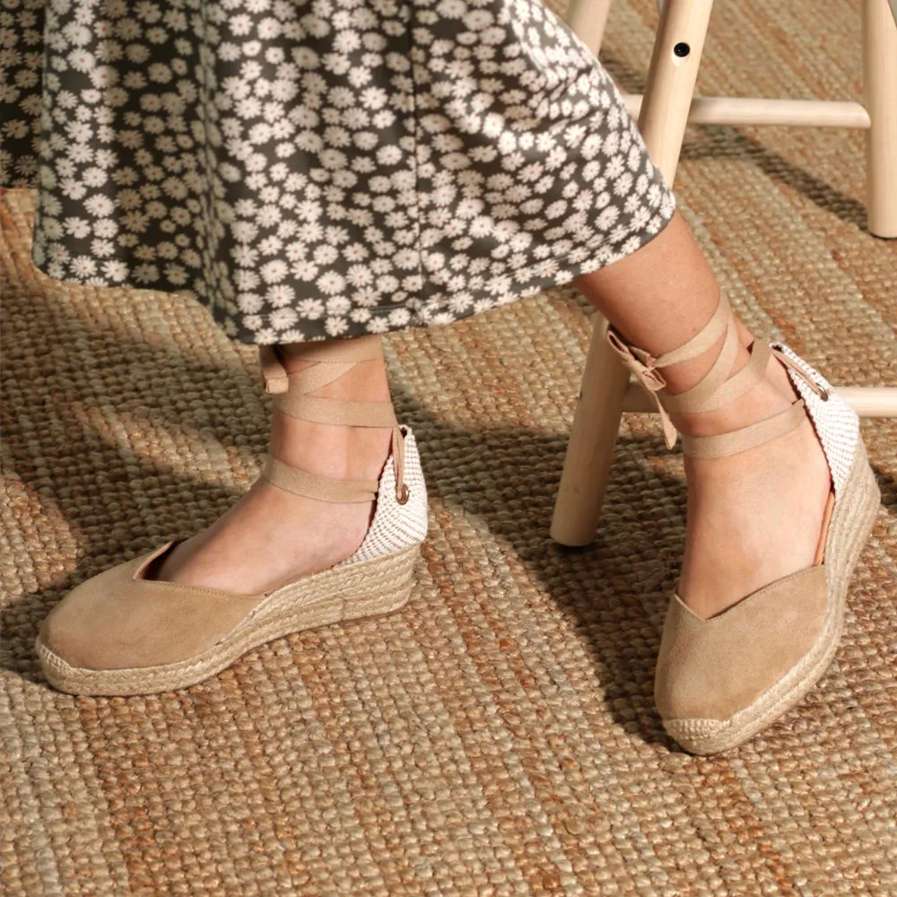Camel suede low wedge and platform women espadrilles ANA
