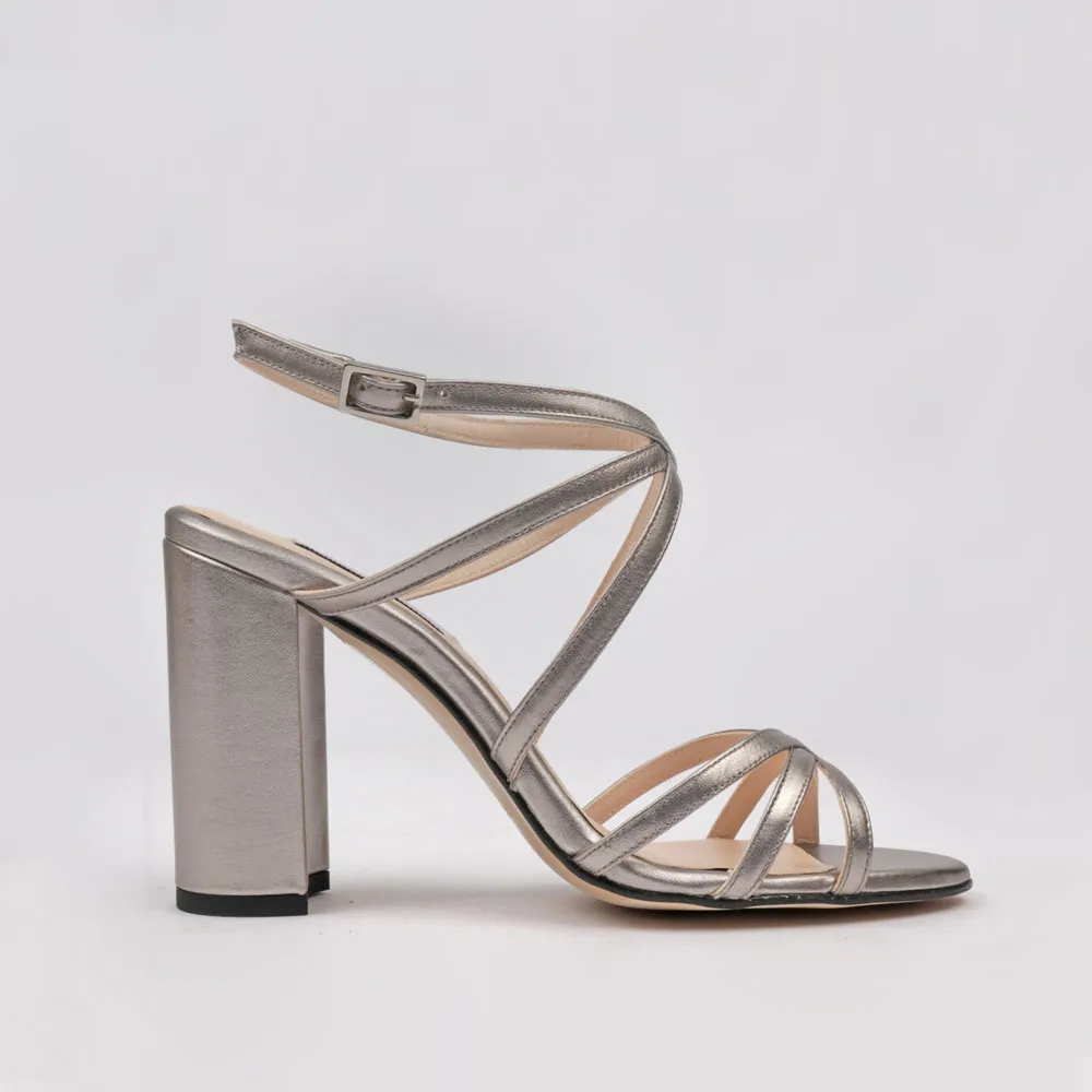 Wide heel sandals Monica silver leather