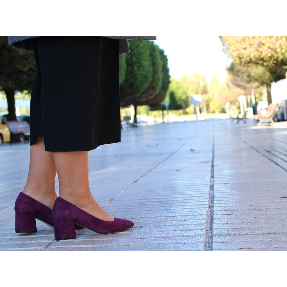 purple suede block heels