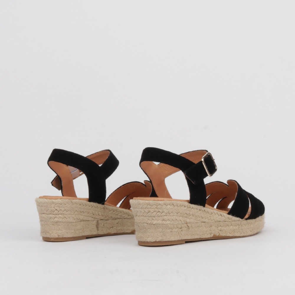 Low wedge esparto sandals NORA black suede ✓ Luisa Toledo