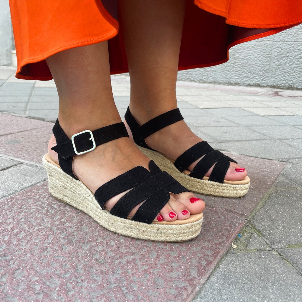 Low wedge esparto sandals NORA black suede ✓ Luisa Toledo